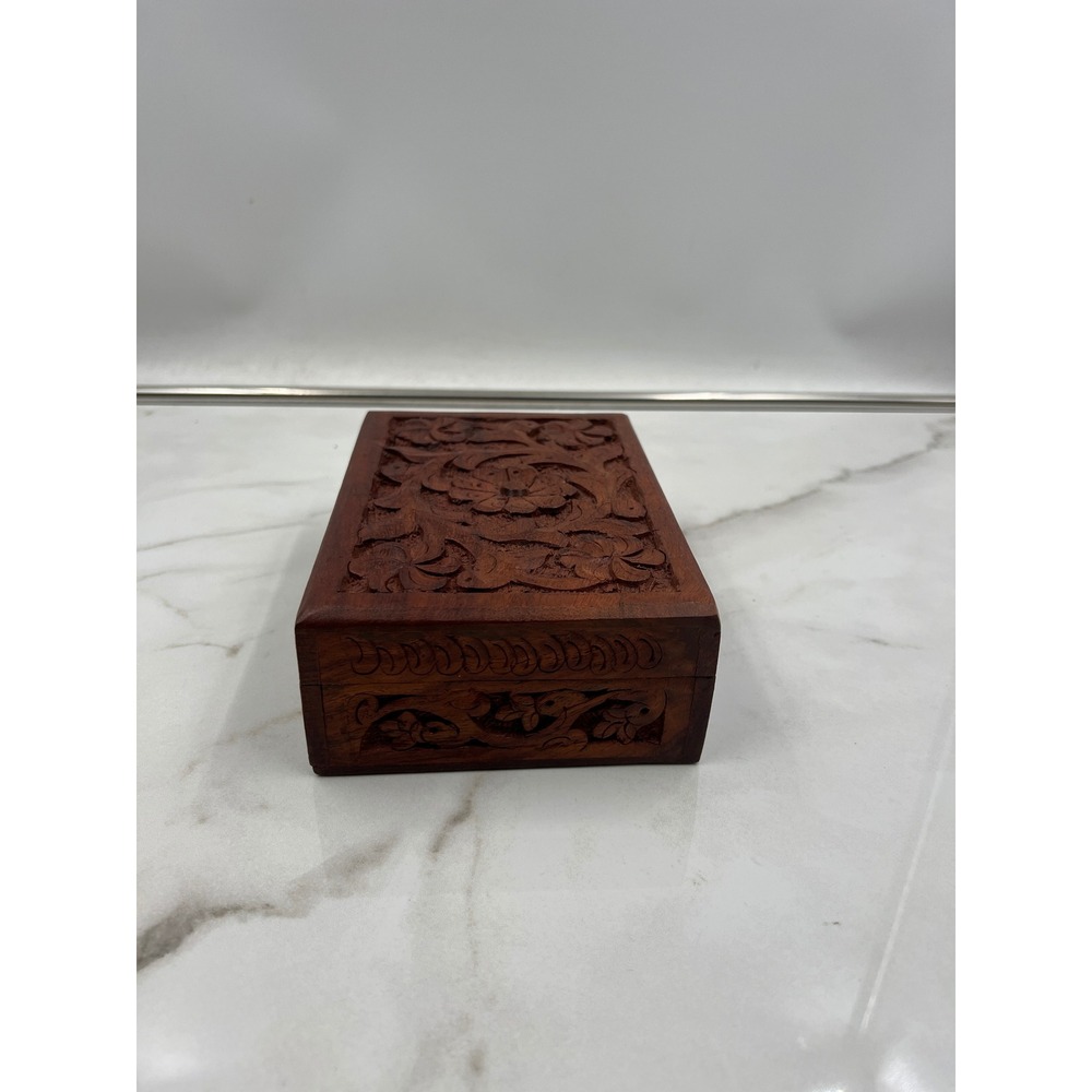 Vintage Hand Carved Floral Wooden Jewelry Box Trinket Keepsake Boho Dark Wood - Picture 2 of 11